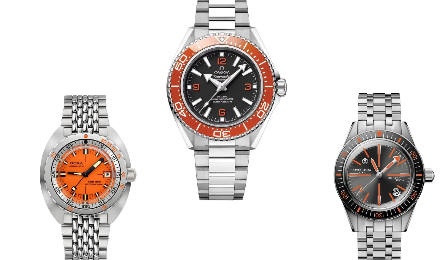 Beyaz arka plan üzerinde soldan sağa doğru Doxa SUB 300 Professional, Omega Seamaster ve Favre-Leuba Deep Raider Ocean olmak üzere üç farklı tasarıma sahip, kadranlarında veya bezellerinde turuncu detaylar içeren metal kordonlu lüks dalgıç saatleri sergilenmektedir.