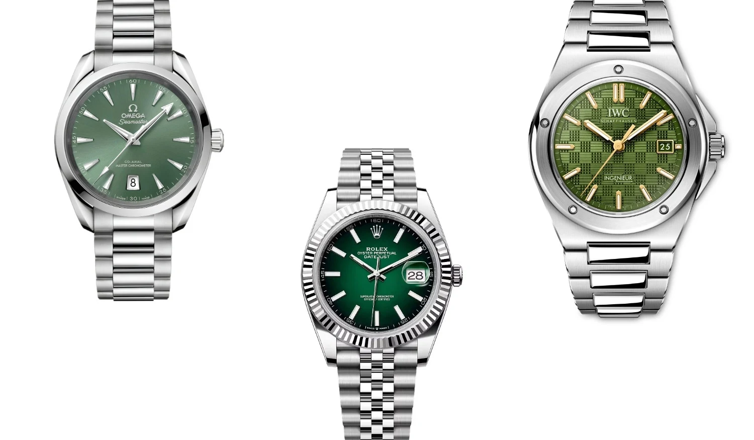 Omega Seamaster Aqua Terra, Rolex Datejust ve IWC Ingenieur 40 modelleri, farklı tonlardaki göz alıcı yeşil kadranları ve paslanmaz çelik bilezikleriyle en iyi yeşil saatler kategorisinde dikkat çekici bir üçlü oluşturuyor.