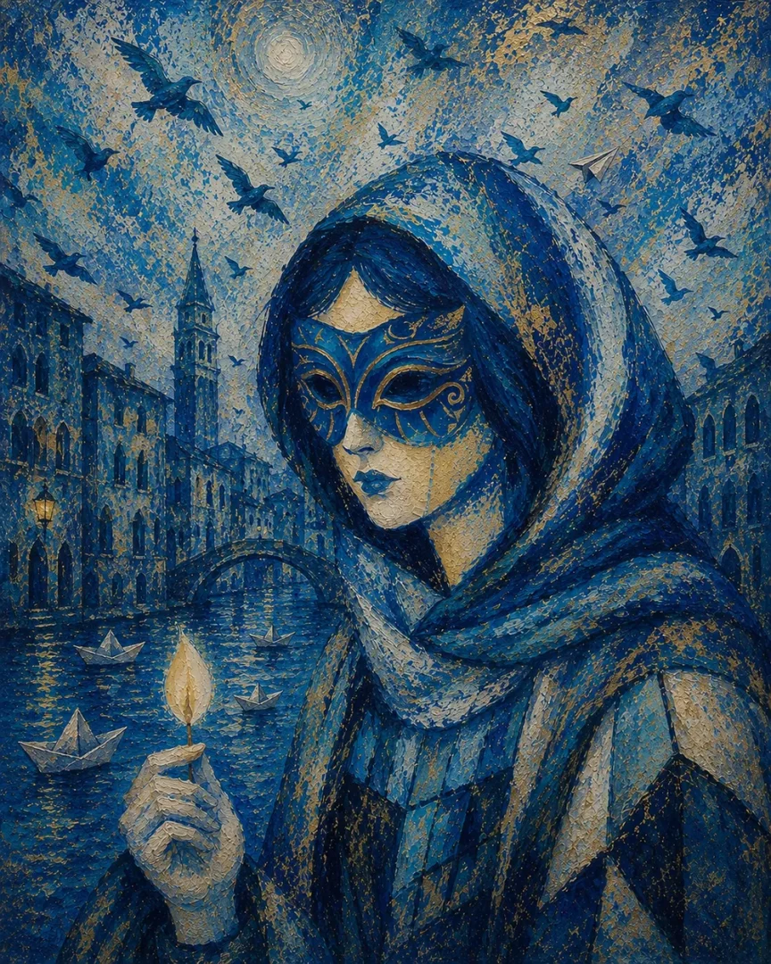 Dokulu mavi ve altın tonlarındaki bu sanat eseri, Venedik gece manzarasında, yüzünde mavi bir maske ve başörtüsü olan, elinde parlak bir yaprak tutan gizemli bir kadını tasvir ediyor; kompozisyonda arka planda kemerli bir köprü, tarihi binalar, suda süzülen kağıt kayıklar ve dolunay etrafında uçuşan kuşlar detaylı bir şekilde yer alıyor.