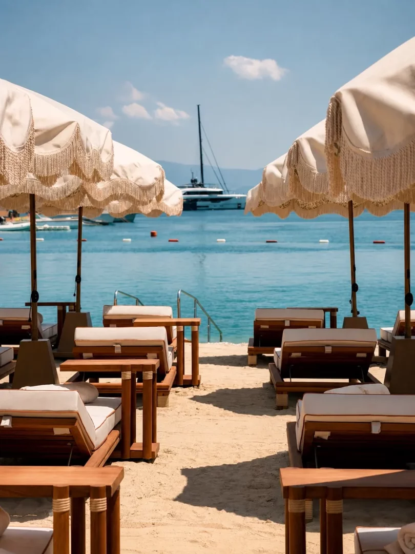 Bodrum'daki Gigi Beach'te, saçaklı krem rengi plaj şemsiyeleri ve konforlu minderli ahşap şezlongların iki sıra halinde dizildiği kumlu sahil, masmavi denizde demirli zarif bir yat ve uzaktaki dağ manzarasıyla lüks bir dinlenme ortamı sunuyor.