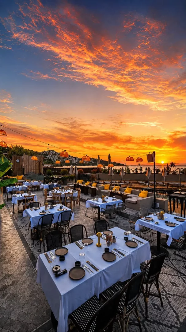 Bodrum'daki açık hava restoranının terasında, gün batımının turuncu ve kızıl tonlarıyla boyanmış gökyüzünün altında şık bir şekilde hazırlanmış masalar ve konforlu oturma alanları, unutulmaz bir akşam yemeği deneyimi için davetkar bir atmosfer sunuyor.