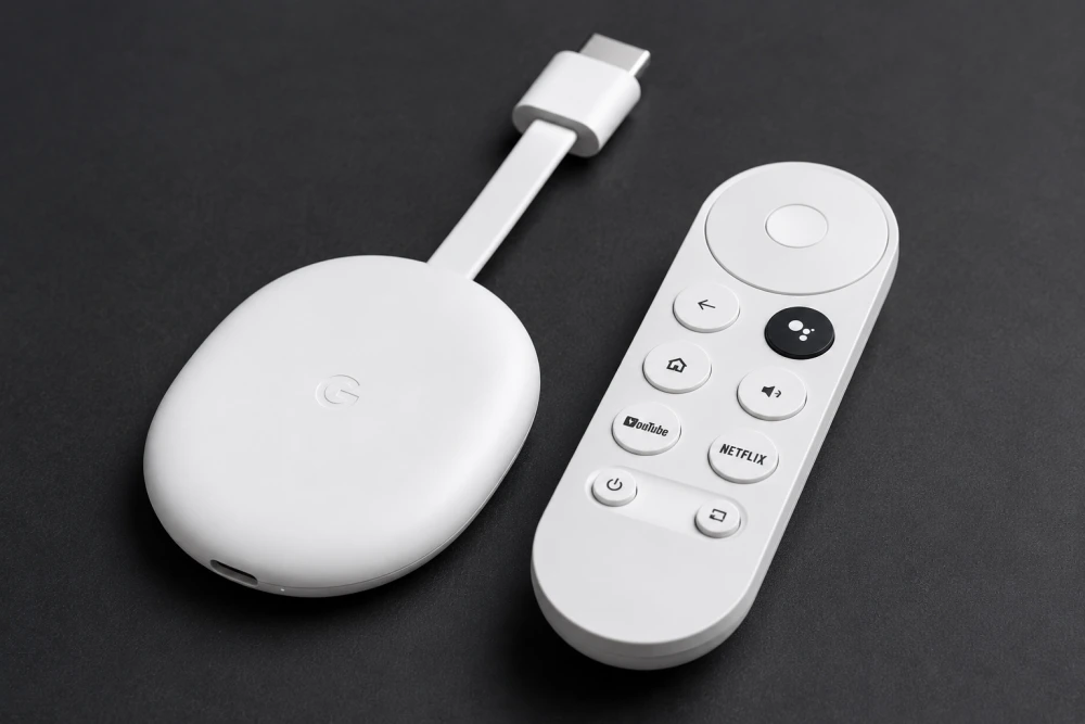 Koyu renkli bir zemin üzerinde, televizyonlara ekran yansıtma özelliğini getiren beyaz ve oval tasarımlı Google Chromecast cihazı ile üzerinde YouTube, Netflix ve Google Asistan tuşları bulunan şık uzaktan kumandası yan yana detaylı bir şekilde sergileniyor.
