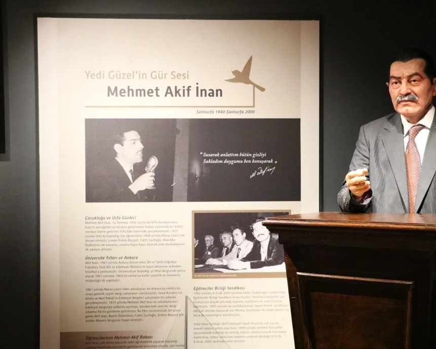 Kahramanmaraş Edebiyat Müzesi'ndeki bir sergide, bıyıklı ve kravatlı Mehmet Akif İnan'ın detaylı balmumu heykeli, arkasında Yedi Güzel'in Gür Sesi başlığıyla hayatı ve eserleri anlatılan büyük bir bilgi panosunun önünde duruyor.