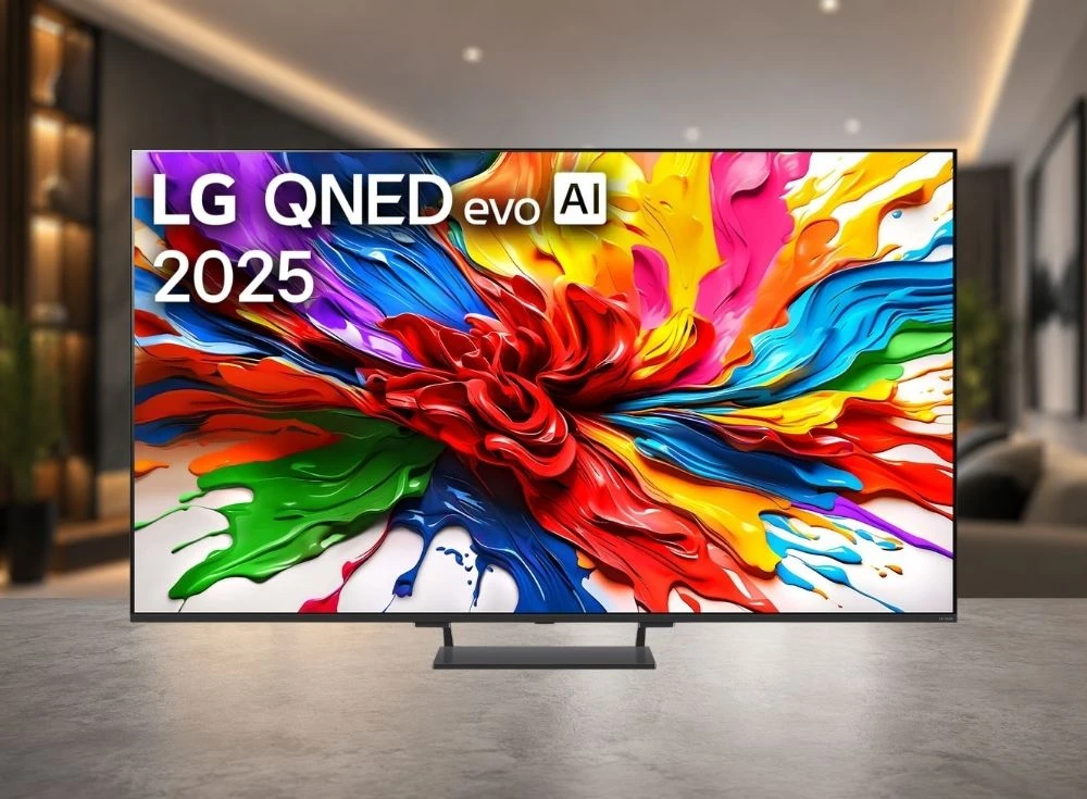 Modern bir iç mekanda, canlı ve çok renkli soyut bir fırça darbesi deseni gösteren, ekranında LG QNED evo AI ve 2025 ibareleri bulunan, geniş bir LG QNED Mini LED televizyon gri bir zeminin üzerinde zarifçe konumlandırılmış.