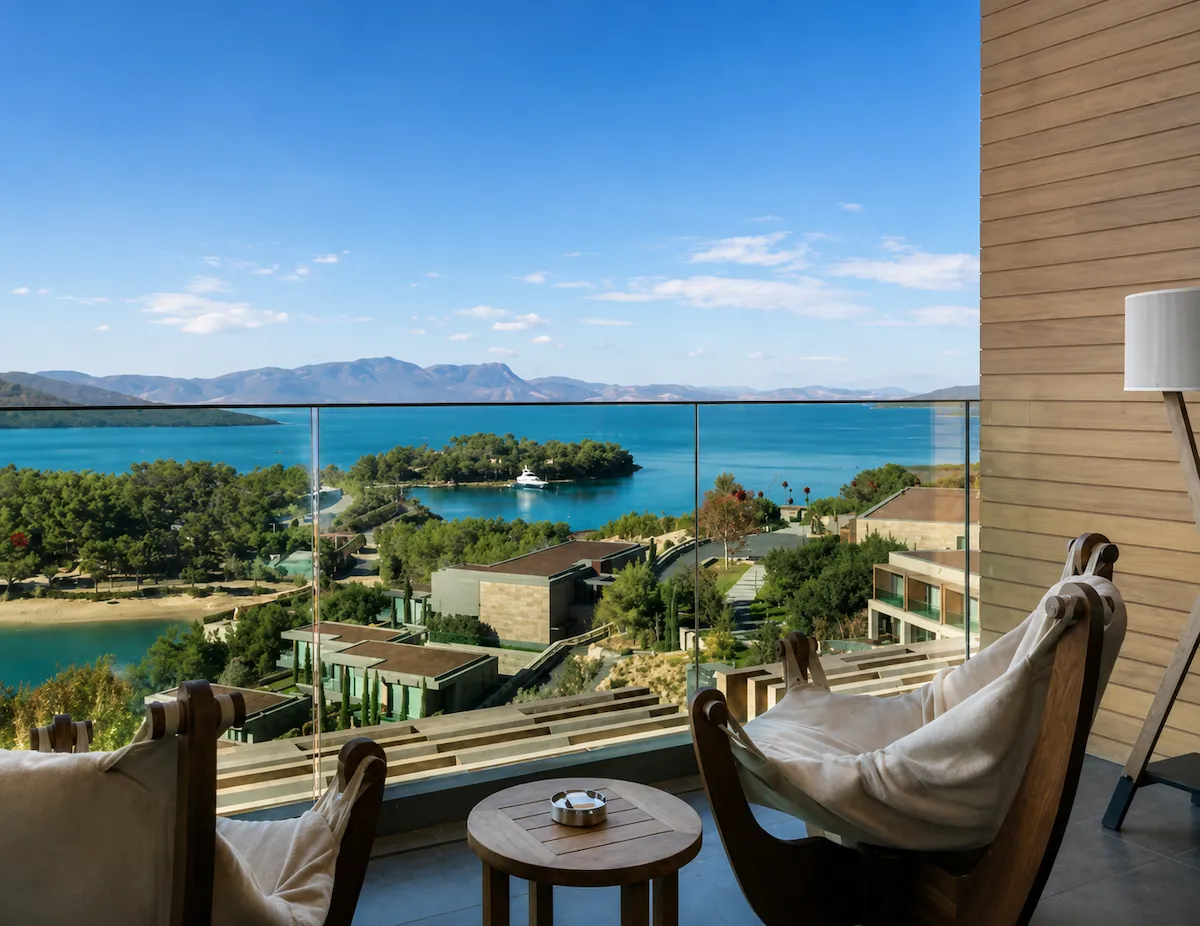 Lujo Hotel Bodrum'da lüks bir balkondan veya terastan görülen turkuaz Ege Denizi, yemyeşil adalar, uzaktaki dağlar ve demirli bir yat manzarası, konforlu ahşap sandalyelerle dinlenmek için mükemmel bir ortam sunuyor.