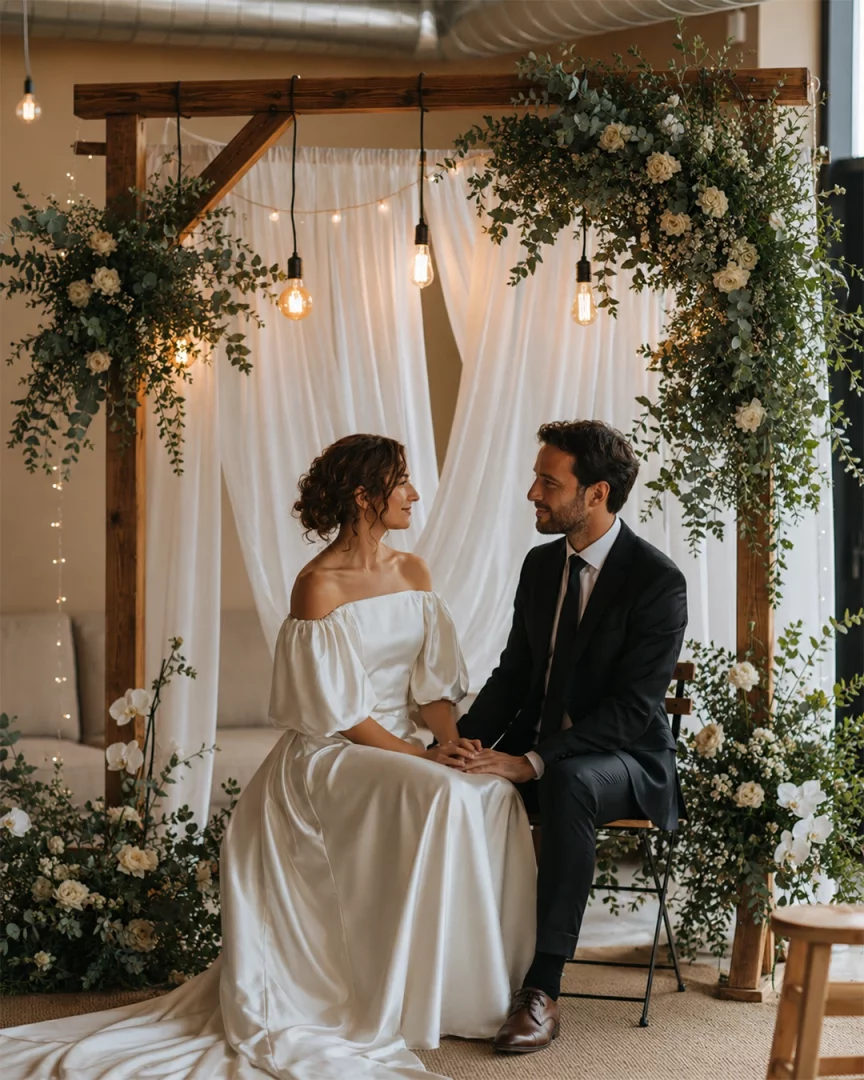 Dekoratif ahşap bir kemer ve bembeyaz tüllerle romantik bir şekilde süslenmiş nişan mekânında, el ele tutuşarak birbirine sevgiyle bakan nişanlı çift, yeşil yapraklar ve beyaz çiçeklerle bezeli özel günlerinin tadını çıkarıyor.