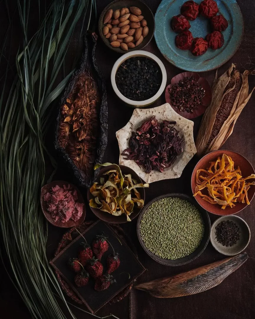Noma Kopenhag'ın mutfak felsefesini yansıtan bu kuşbakışı görselde, kurutulmuş bademler, kırmızı meyveler, yeşil tahıllar, baharatlar, çilekler ve farklı bitkisel öğeler gibi çeşitli, özenle seçilmiş, deneysel Noma malzemeleri koyu bir zemin üzerinde sanatsal bir düzenlemeyle sergileniyor.