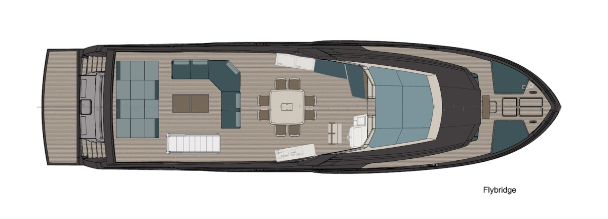 Numarine 27XP Explorer yat modelinin üstten çekilmiş bu detaylı flybridge yerleşim planında, konforlu bir seyir deneyimi için tasarlanmış geniş oturma grupları, sekiz kişilik yemek masası, bar alanı ve pruvada ferah güneşlenme minderleri gibi ana alanlar net bir şekilde sergileniyor.
