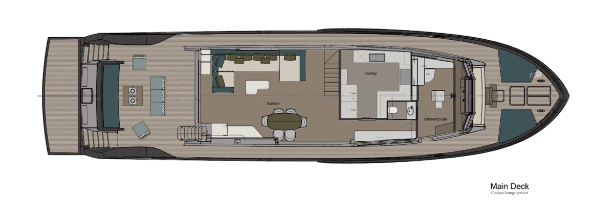 Numarine 27XP Explorer yat modelinin ana güverte yerleşim planını gösteren bu detaylı çizimde, geniş salondan mutfağa, dümenci köşküne ve ön güvertedeki güneşlenme alanlarına kadar yaşam alanlarının akıllıca düzenlenişi açıkça görülüyor.