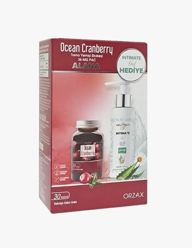 Beyaz arka plan önünde duran, Ocean Cranberry Turna Yemişi Ekstresi adlı kapsül formunda bir takviye edici gıda şişesi ve yanında Neutracy İntim Jel içeren kırmızı-beyaz bir ürün kutusu, turna yemişinin antioksidan ve idrar yolu sağlığı faydaları vurgusuyla sunuluyor.