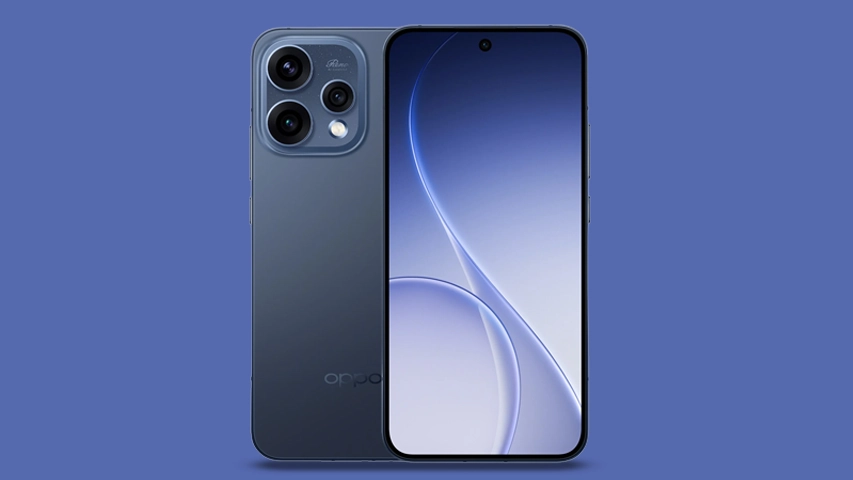 Koyu mavi bir arka plan üzerinde, şık tasarımlı iki adet OPPO Reno 15 Pro 5G akıllı telefonun biri arkadan, diğeri ise ekranı öne bakacak şekilde konumlandırılmış; cihazın arkasında parlak çoklu kamera modülü, önünde ise üst ortada delikli kameraya sahip geniş bir ekran bulunmaktadır.