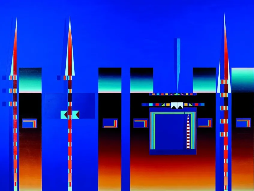 Ressam İsmail Ateş'in bu soyut eserinde, canlı mavi bir zemin üzerinde kırmızı ve turuncu tonlarında dikey sivri yapılar ile geometrik formlar, ortada katmanlı bir kapı benzeri motifle modern bir mimariyi andıran karmaşık bir kompozisyon oluşturuyor.