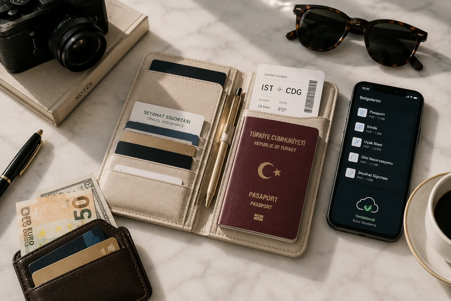 Mermer bir yüzeyde, seyahat hazırlığı için açılmış krem rengi bir cüzdanın içinde Türkiye Cumhuriyeti pasaportu, uçak bileti, seyahat sigortası kartı, yanında bir telefon ekranında dijital belgelerin listesi ve diğer kişisel eşyalar düzenli bir şekilde sergileniyor.