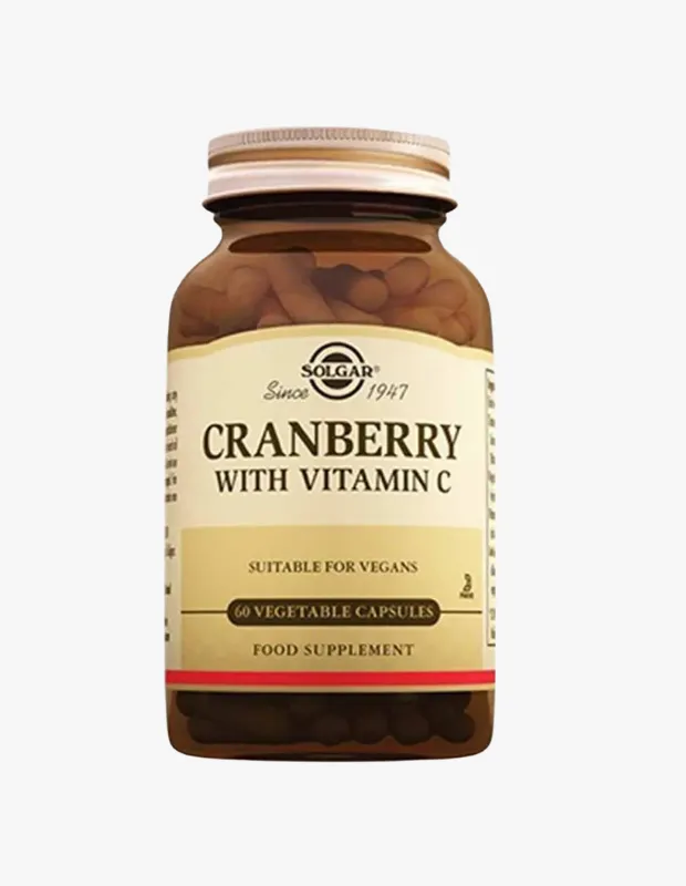 Solgar markasına ait, üzerinde Cranberry with Vitamin C yazan, 60 bitkisel kapsül içeren kahverengi cam takviye şişesi, içindeki turna yemişi ve C vitamini bileşimiyle vücudun antioksidan kapasitesini ve hücresel savunmasını desteklemeyi amaçlıyor.
