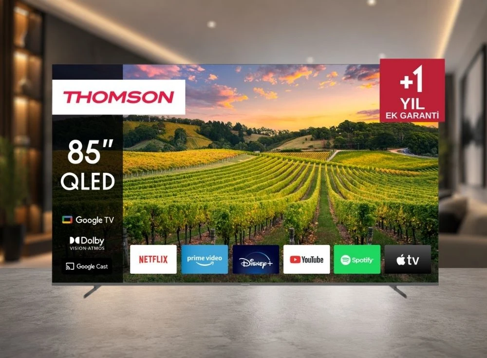 Marka Adı: Thomson
Ürün Adı: Thomson 85QG5S14 QLED 85 İnç 4K UHD 120Hz Google TV
Ürün Cinsiyeti: Belirtilmemiş
Ürün Tipi: Televizyon
Ürün Sezonsallığı: Belirtilmemiş
Ürün Çeşidi: Akıllı Televizyon
Ürün Özellikleri: Thomson'ın bu 85 inçlik QLED akıllı televizyonu, geniş ekran boyutuyla etkileyici bir izleme deneyimi sunar. 4K Ultra HD çözünürlük ve 120Hz yenileme hızıyla canlı, akıcı görüntüler vadeden cihaz, QLED panel teknolojisi sayesinde zengin renkler ve yüksek kontrast oranları sunar. Google TV işletim sistemi sayesinde geniş uygulama yelpazesine (Netflix, Prime Video, Disney+, YouTube, Spotify, Apple TV gibi) kolayca erişim sağlarken, dahili Google Cast özelliğiyle mobil cihazlardan içerik yansıtma imkanı sunar. Dolby Vision ve Dolby Atmos desteği ile hem görsel hem de işitsel olarak sinematik bir deneyim sunarken, modern ve minimalist tasarımıyla her yaşam alanına uyum sağlar.
Öne Çıkan Detaylar:
- 85 inç QLED ekran ile sürükleyici ve gerçeğe yakın görüntü kalitesi
- Google TV işletim sistemi ve zengin uygulama desteğiyle kolay ve akıllı erişim
- Dolby Vision ve Dolby Atmos teknolojileriyle üstün sinematik ses ve görüntü deneyimi
- +1 Yıl Ek Garanti fırsatı
Kimler Kullanıyor?: Evinde sinema benzeri bir eğlence deneyimi arayan, geniş ekran boyutunu ve yüksek görüntü kalitesini bir arada isteyen teknoloji meraklıları bu ürünü tercih edebilir. Film, dizi, spor müsabakaları ve oyun tutkunları için ideal olan bu televizyon, Google TV ekosisteminin sunduğu akıllı özelliklerden faydalanmak ve en popüler yayın platformlarına kolayca erişmek isteyen tüm kullanıcılar için uygundur. Modern ve şık tasarımıyla yaşam alanlarını güzelleştirmek isteyenler de bu modeli değerlendirebilir.