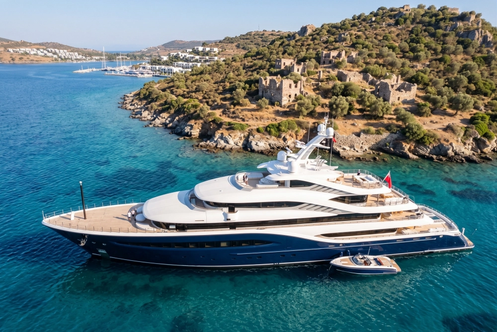 Masif koyu mavi gövdesi ve bembeyaz güverteleriyle Türkiye'de üretilen en büyük yat olan Turquoise Angelique, Bodrum'un berrak turkuaz sularında küçük bir tekneyle demirlemiş olarak görünüyor; arka planda yeşil tepeler, antik kalıntılar ve modern yerleşim alanları uzanıyor.