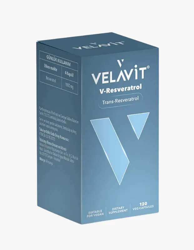 Mavi renkli Velavit V-Resveratrol takviyesi kutusu, üzerinde belirgin bir şekilde Trans-Resveratrol ifadesi ve 120 vegan kapsül içerdiği bilgisiyle, günlük 1000 mg resveratrol dozu sunarak uzun yaşam (longevity) ve hücresel gençleşme arayışındaki bireyler için tasarlanmış bir ürünü görselleştiriyor.