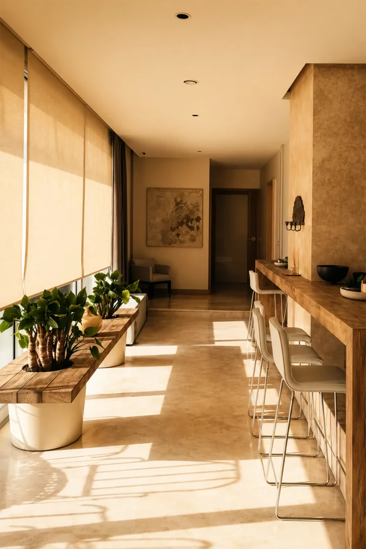Modern bir otelin geniş ve aydınlık koridoru, solda boydan boya camların önünde, ahşap bir bankta sıralanmış yemyeşil bitkilerle dolu beyaz saksılar, sağda ise dört modern beyaz bar taburesinin eşlik ettiği uzun, rustik ahşap bir bar tezgahının uzandığı, gün ışığının bej zeminde sıcak ve çarpıcı gölgeler oluşturduğu davetkar bir atmosfer sunuyor.