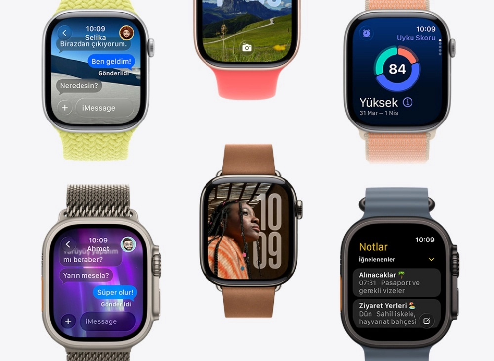 Farklı kayışlar ve arayüzlerle sunulan altı adet Apple Watch modelinin yer aldığı bu görselde, iMessage sohbetleri, kamera uygulaması, uyku skoru, fotoğraf ve notlar gibi çeşitli fonksiyonlar sergilenerek saatin çok yönlü tasarımı vurgulanmaktadır.