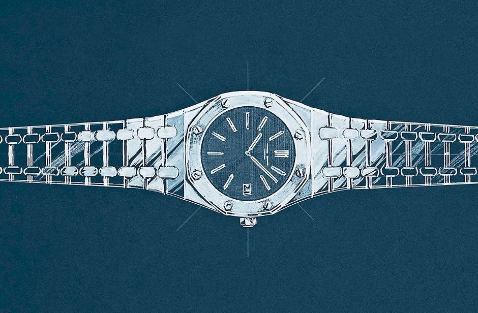 Koyu lacivert bir arka plan üzerinde beyaz çizgilerle detaylandırılmış, saat 10:10'u gösteren akrep ve yelkovanıyla meşhur sekizgen kasalı Audemars Piguet Royal Oak saatinin Gerald Genta tarafından yapılmış ikonik tasarım eskizi.