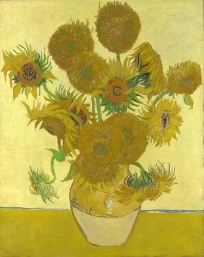 Van Gogh'un ünlü Ayçiçekleri serisinden bir çalışma olan bu resimde, kalın fırça darbeleri ve canlı sarı tonlarıyla dolu bir vazoda çeşitli evrelerdeki ayçiçekleri dinamik bir şekilde tasvir edilmiştir.