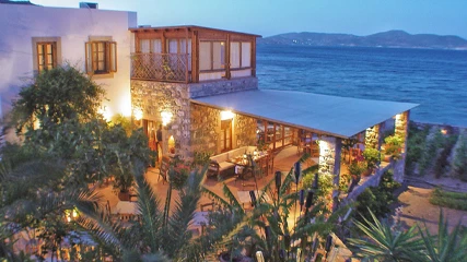 Patmos'taki Benetos Restoranı, akşam saatlerinde sıcak ışıklarla aydınlatılmış, taş mimarili binası ve deniz kenarındaki yemyeşil bitkilerle çevrili, masalarla donatılmış davetkar açık hava yemek alanı ile sakin mavi denize karşı huzurlu bir atmosfer sunuyor.