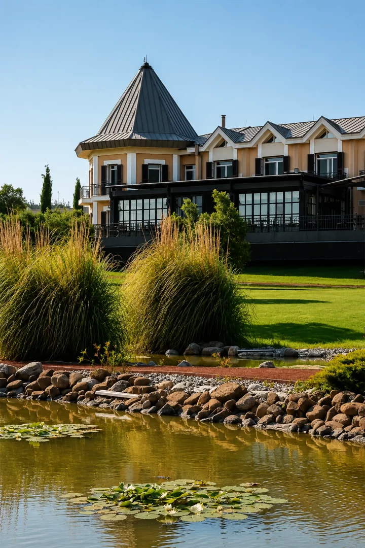 Caeli Hotel'in kuleli çatısıyla öne çıkan bej rengi ana binası, alt katındaki geniş camlı restoran bölümü, yemyeşil çimler, suya vuran güneş ışıkları ve nilüferlerle bezeli göletiyle birlikte huzurlu bir doğa içinde lüks bir konaklama ortamını gözler önüne seriyor.