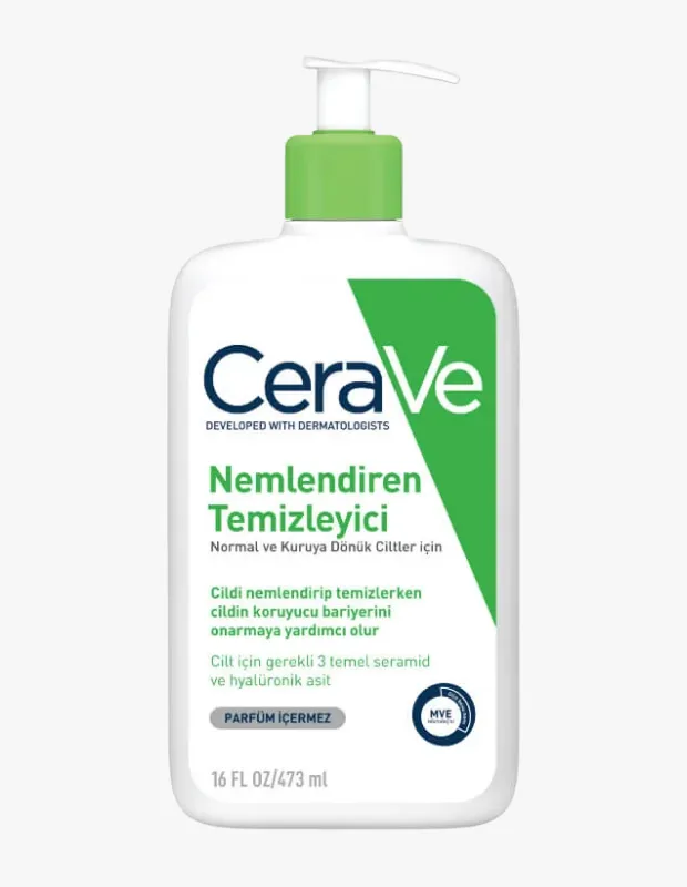 Düz beyaz bir zeminde dikey olarak duran, beyaz pompalı kapağı ve yeşil vurgulara sahip, normal ve kuruya dönük ciltler için tasarlanmış CeraVe Nemlendiren Yüz Yıkama Jeli şişesi, ürünün nemlendirici ve temizleyici özelliklerini açıkça gösteriyor.