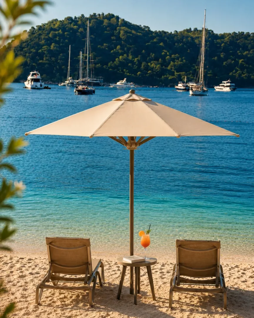 Göcek'in yemyeşil tepelerle çevrili berrak turkuaz koyunda, Club Prive'a ait kumsalın bej güneş şemsiyesi altında konumlanmış iki şezlong ve küçük bir sehpanın üzerinde duran serinletici kokteyl ile kitabın huzurlu görüntüsü, denizde sıralanan lüks yatlarla tamamlanıyor.
