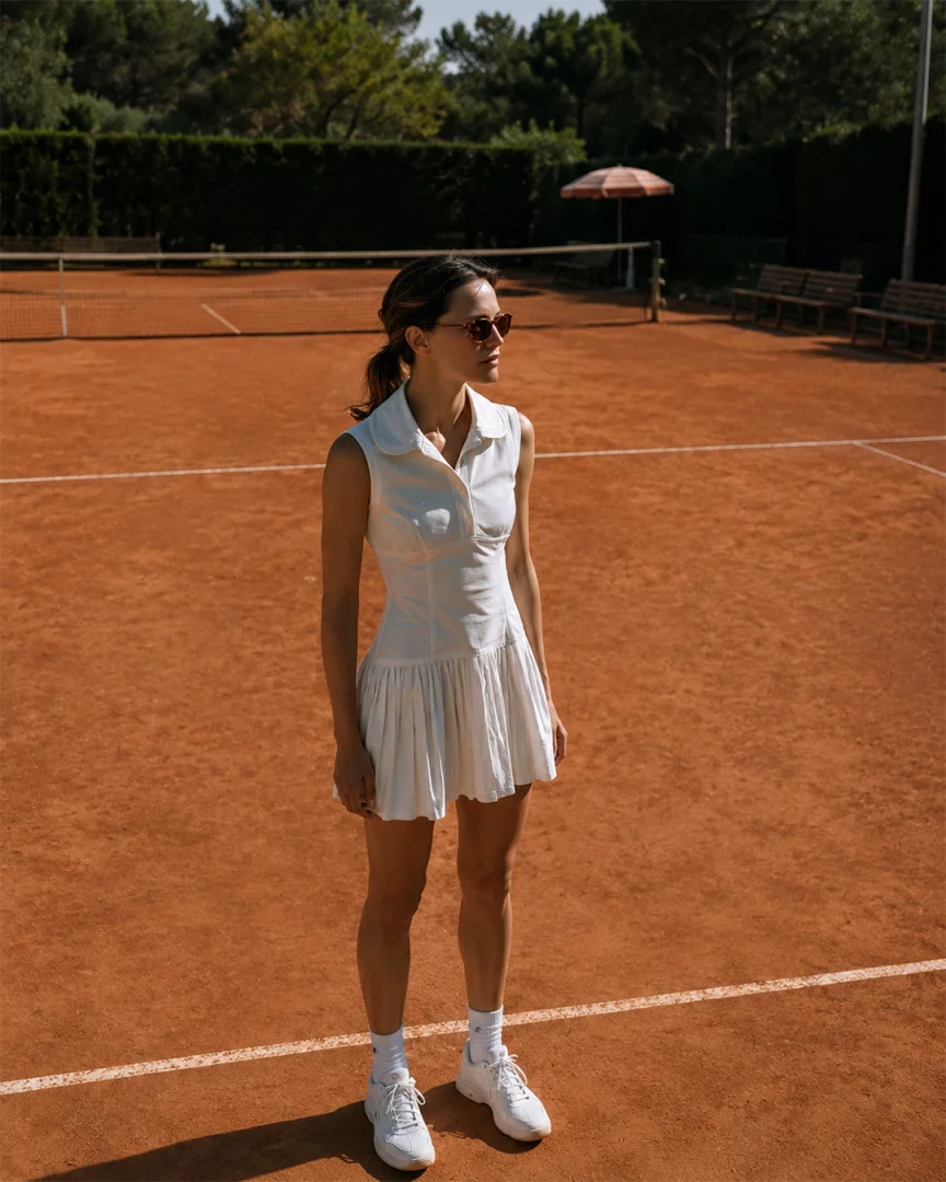 Güneşli bir günde, kırmızı toprak bir tenis kortunun beyaz çizgileri üzerinde, beyaz kolsuz ve yakalı, zarif bir tenis elbisesi, beyaz spor ayakkabılar ve güneş gözlükleri giymiş, saçları at kuyruğu yapılmış genç bir kadın yan profilinden bakarak duruyor; arka planda tenis ağı, banklar ve yemyeşil ağaçlar görünüyor.