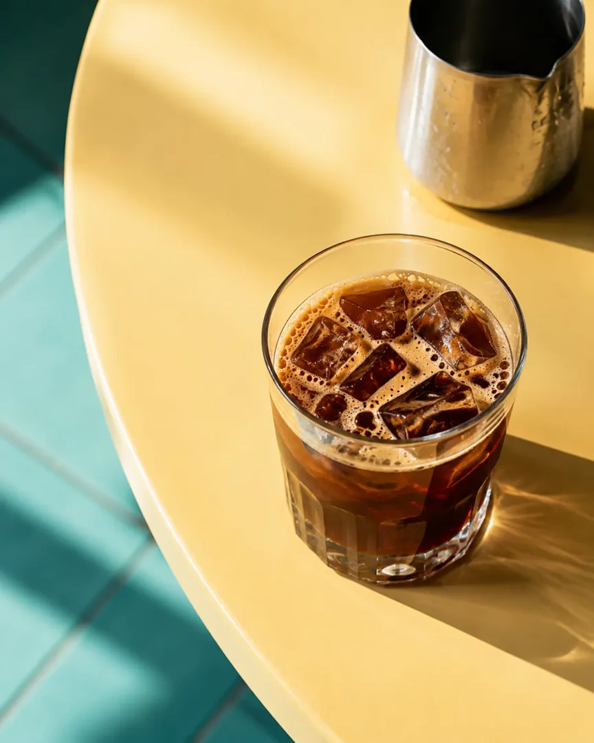 Buz küpleri ve üzerinde zengin köpüğüyle iştah açıcı duran, güneş ışığı alan sarı bir masanın üzerindeki ferahlatıcı koyu renk bir Freddo Espresso bardağı ile arka planda küçük gümüş bir sürahi.