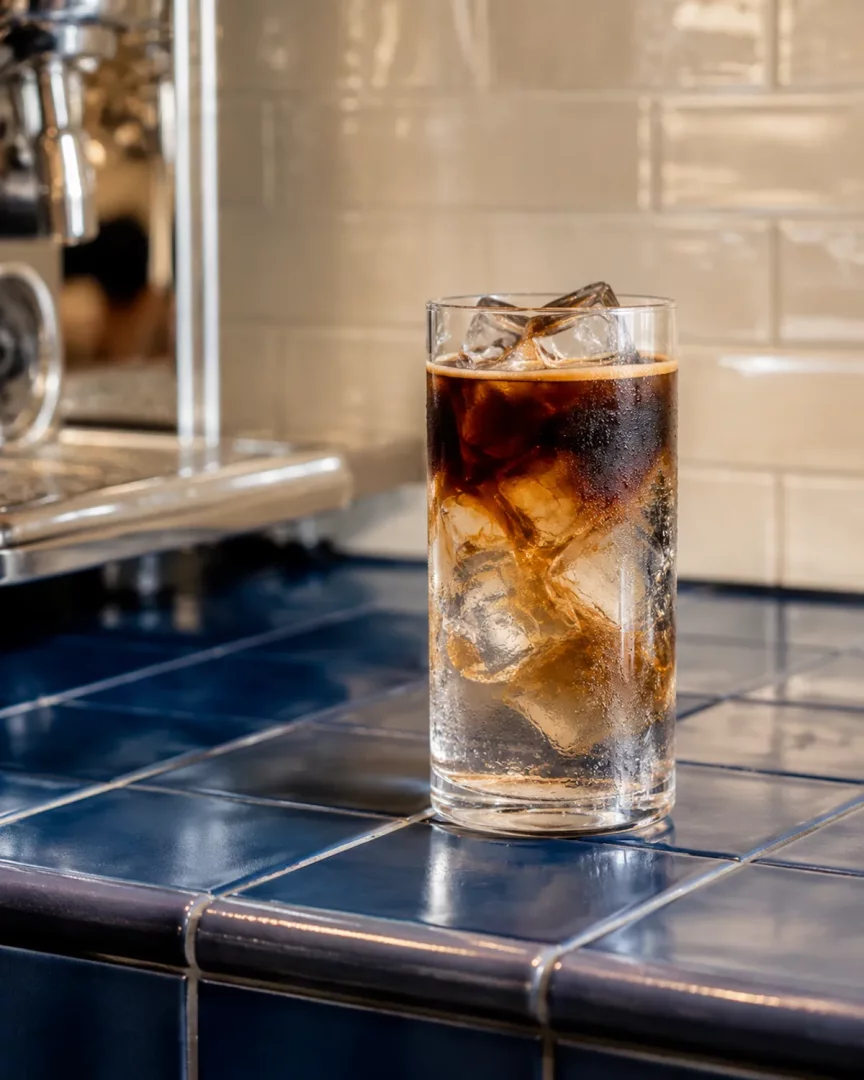 Buz dolu uzun bir bardakta, koyu renk espresso'nun berrak su ve buz küpleriyle katmanlı bir şekilde buluştuğu, yaz sıcaklarında ferahlatıcı etki yaratacak kusursuz bir iced americano görseli.