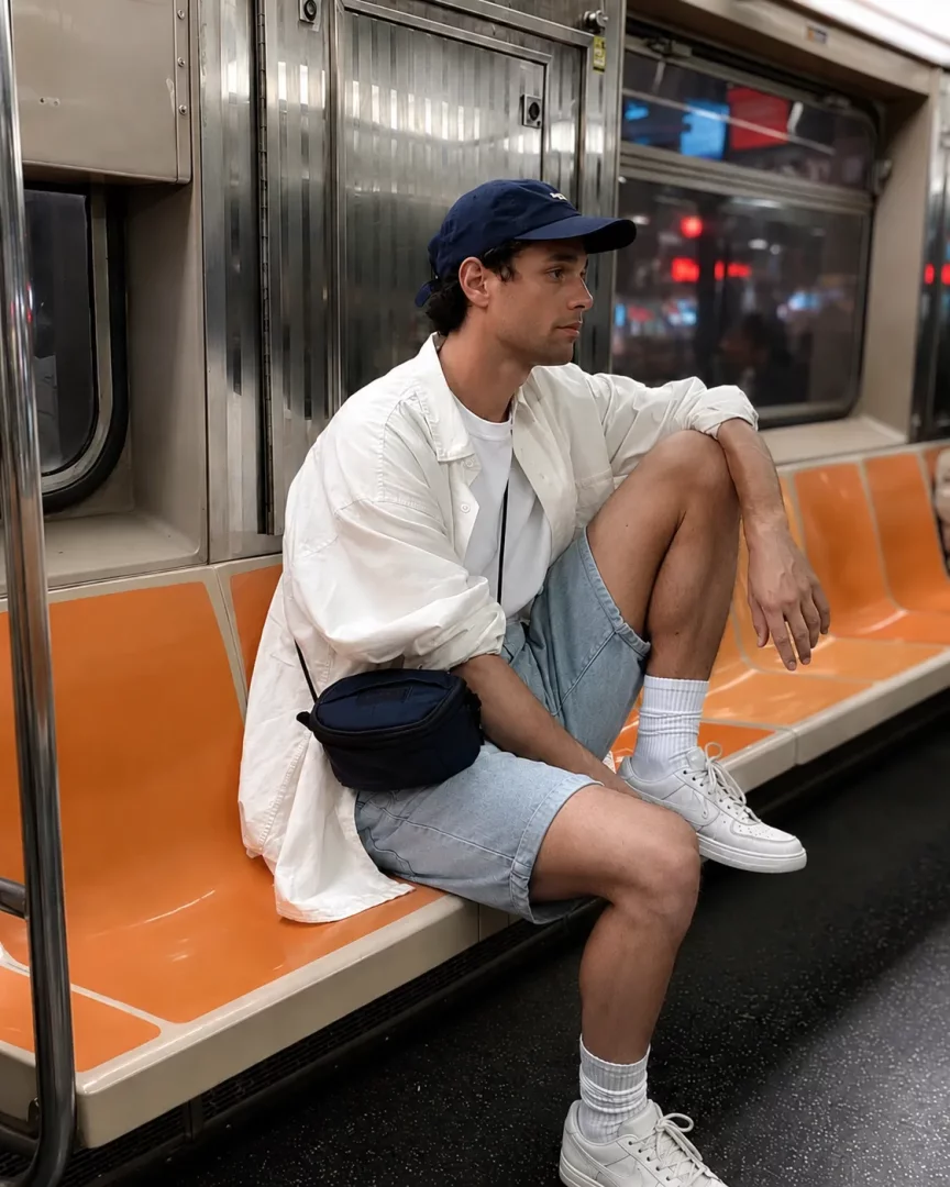 Metroda turuncu bir koltukta oturan, üzerinde beyaz tişört, açık beyaz gömlek, açık mavi denim şort, lacivert şapka ve beyaz sneaker bulunan genç bir erkek, modern ve rahat bir erkek sneaker kombiniyle yan duruş sergileyerek düşünceli bir şekilde ileri bakıyor.