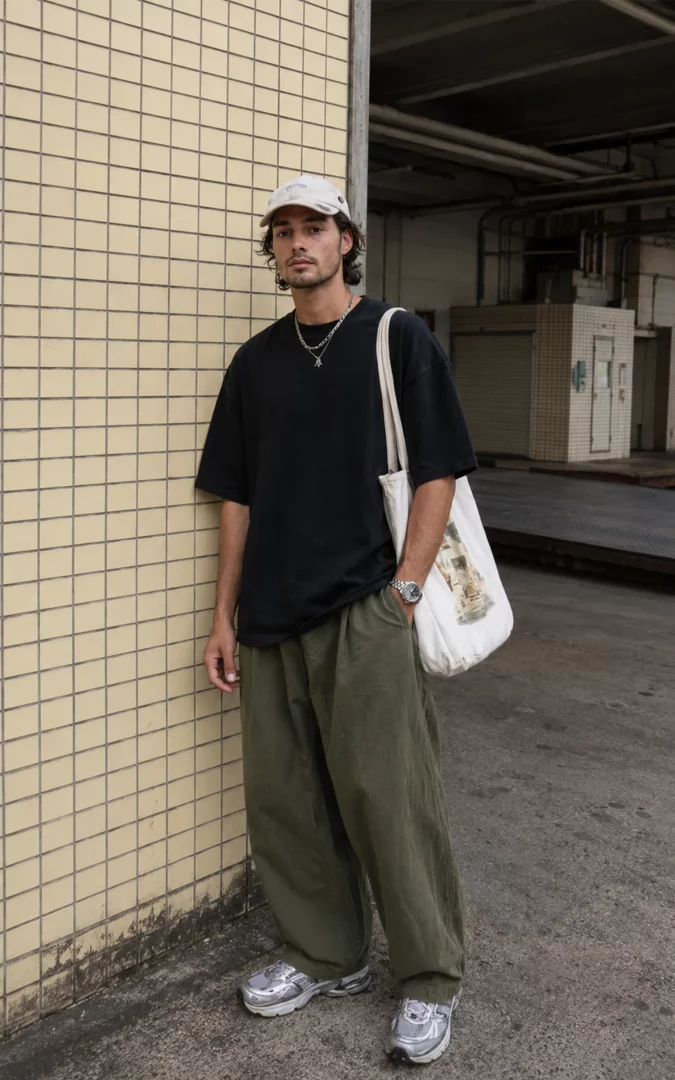 Bej karolu bir duvara yaslanmış genç bir erkek, başındaki bej şapkası, bol kesim siyah tişörtü ve rahat duruşlu bol paça haki renkli paraşüt kumaş pantolonu ile şık bir poz verirken, omzunda desenli beyaz bir bez çanta ve ayağında gümüş renkli spor ayakkabıları görülüyor.