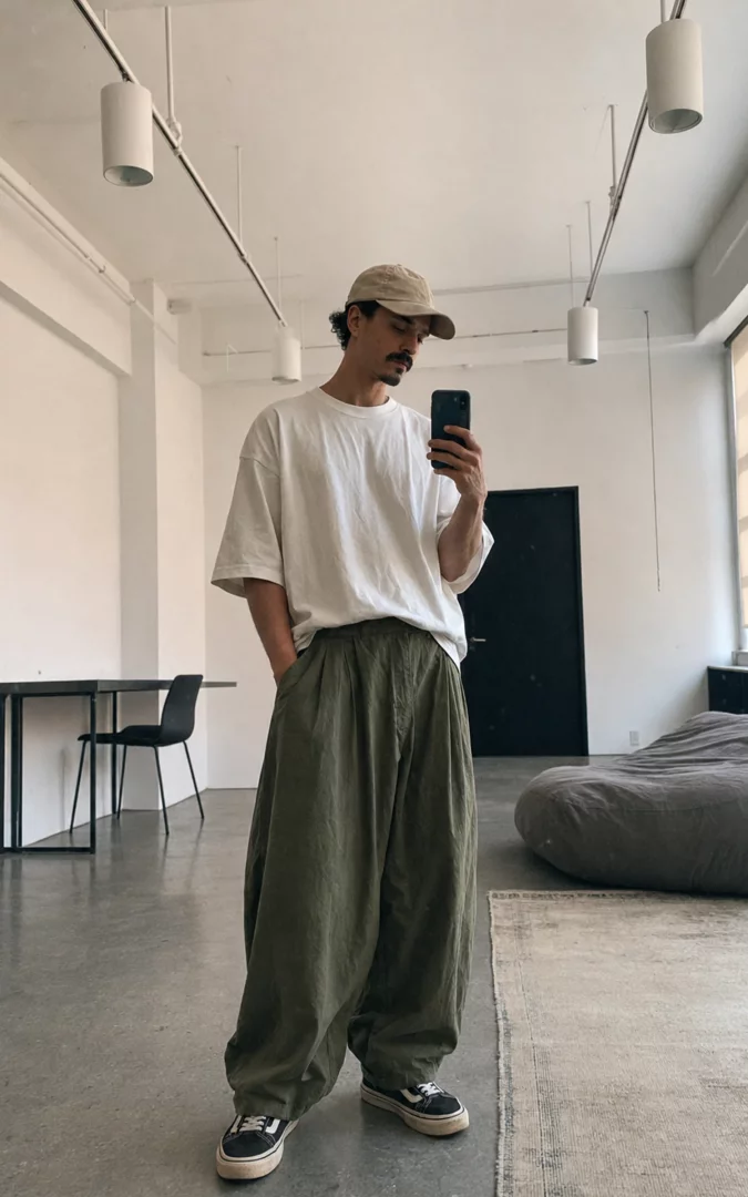 Yeni nesil erkek moda trendlerini yansıtan, bıyıklı bir adam bej şapkası, beyaz oversize tişörtü ve bol kesim haki renkli paraşüt pantolonuyla aynadan selfie çekerek modern ve rahat tarzını sergiliyor.