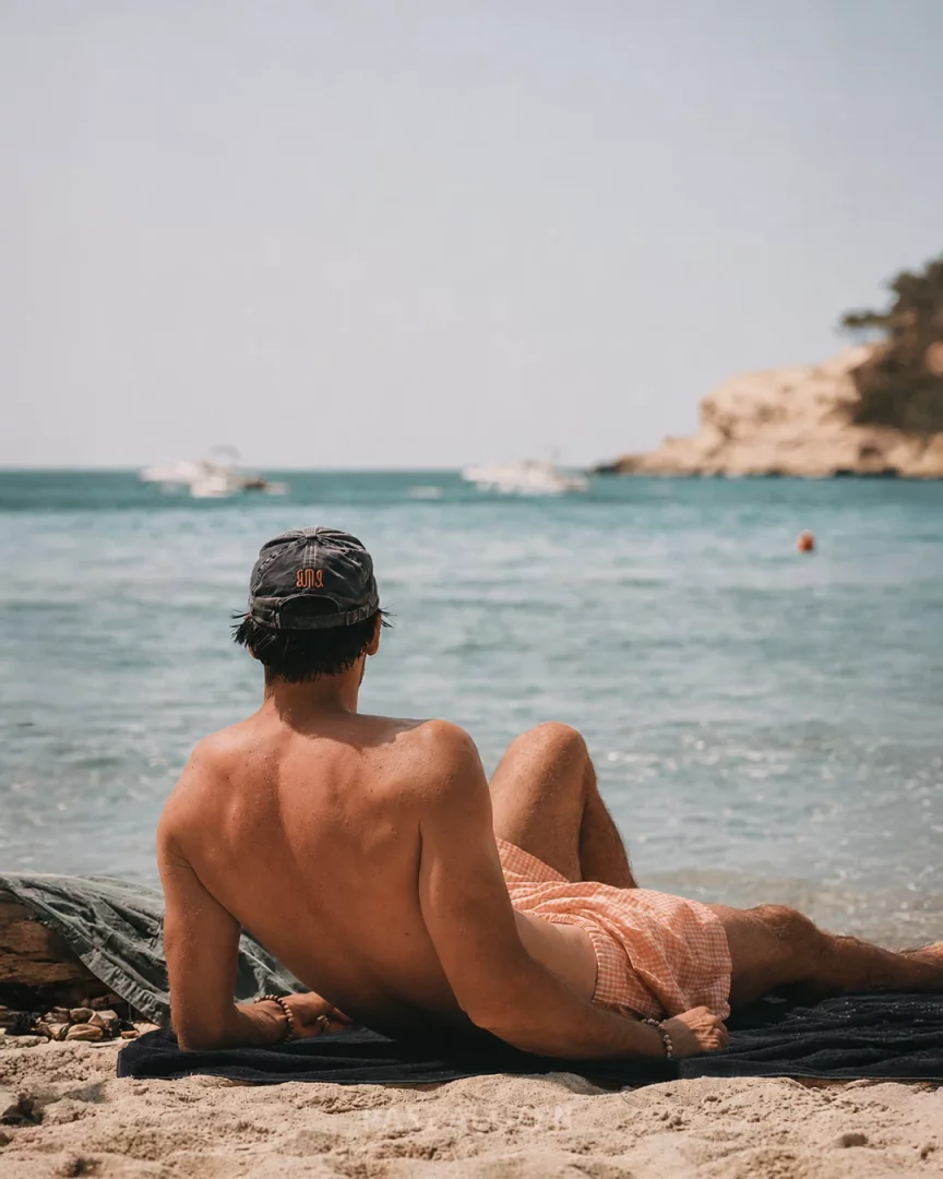 Bir erkek, kumlu bir plajda sırtı dönük şekilde uzanmış, başına ters takılmış koyu renk bir şapka ve açık renk ekose şort giymiş olarak masmavi denizi ve uzaktaki kayalık kıyıyı seyrederken yaz güneşinin tadını çıkarıyor.