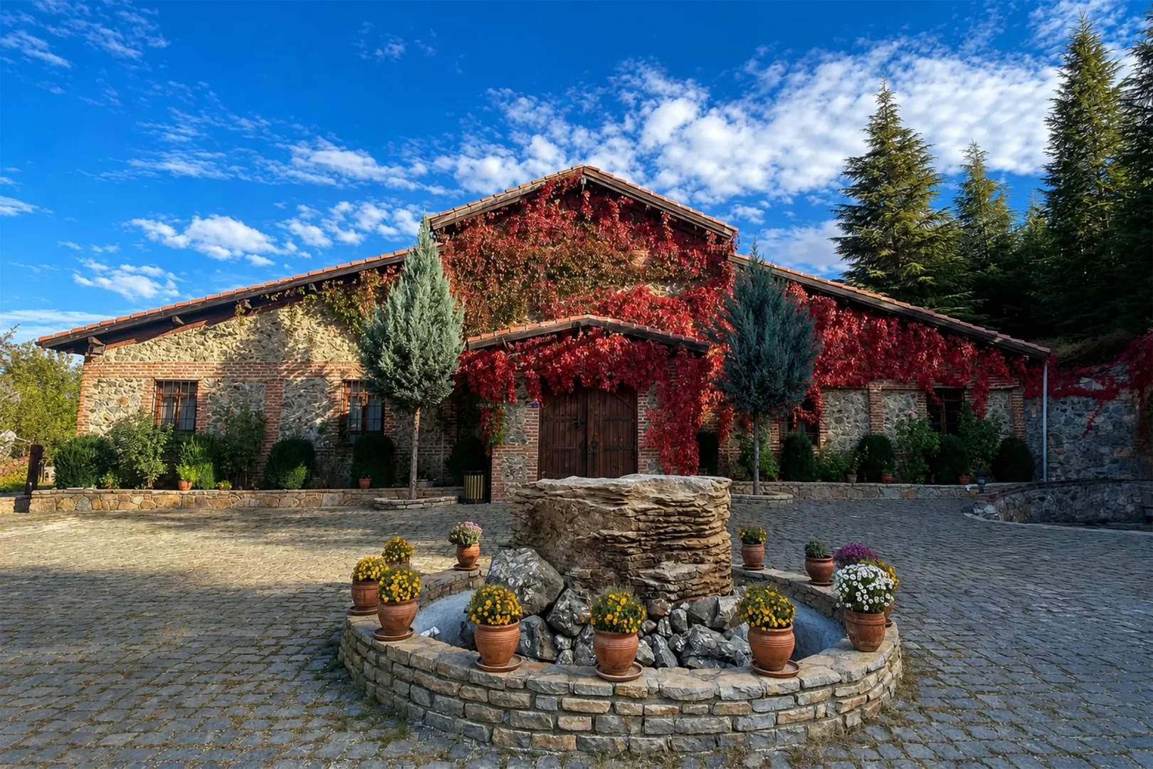 Elazığ'daki Eskibağlar Boutique Hotel'in dış görünümü, sonbaharın kızıl sarmaşıklarıyla kaplı taş ve tuğla cephesi, önündeki çam ağaçları, ortasında taş bir su öğesi ve saksılarda canlı çiçeklerle bezeli Arnavut kaldırımlı avlusuyla doğayla iç içe, huzurlu bir atmosfer sunuyor.