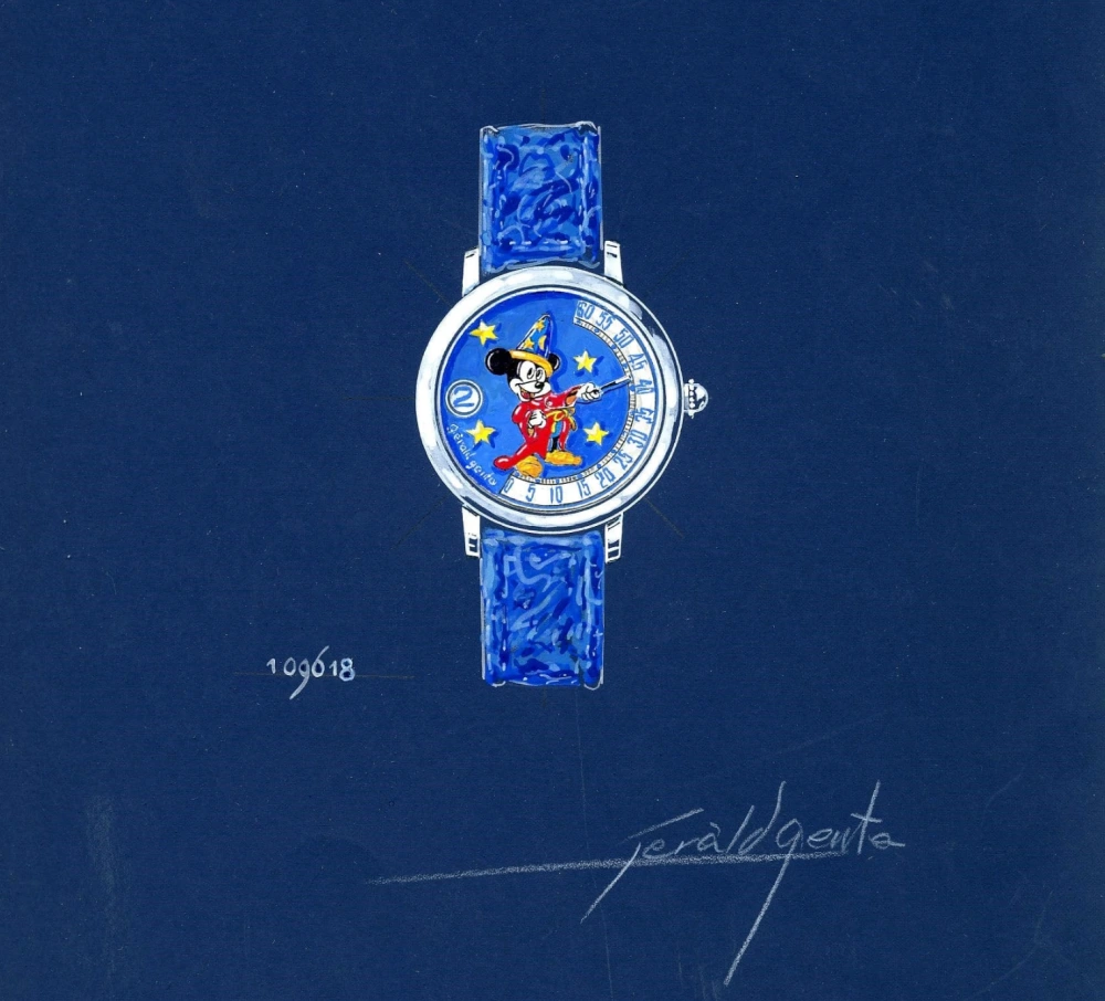 Koyu mavi bir zemin üzerinde, Gerald Genta imzalı, sihirbaz şapkalı Mickey Mouse karakterinin kollarıyla saat ve dakikayı gösterdiği, sarı yıldızlarla süslü mavi kadranı ve desenli mavi kayışıyla dikkat çeken, çevresinde dakika işaretleri bulunan göz alıcı bir Disney kol saati çizimi.
