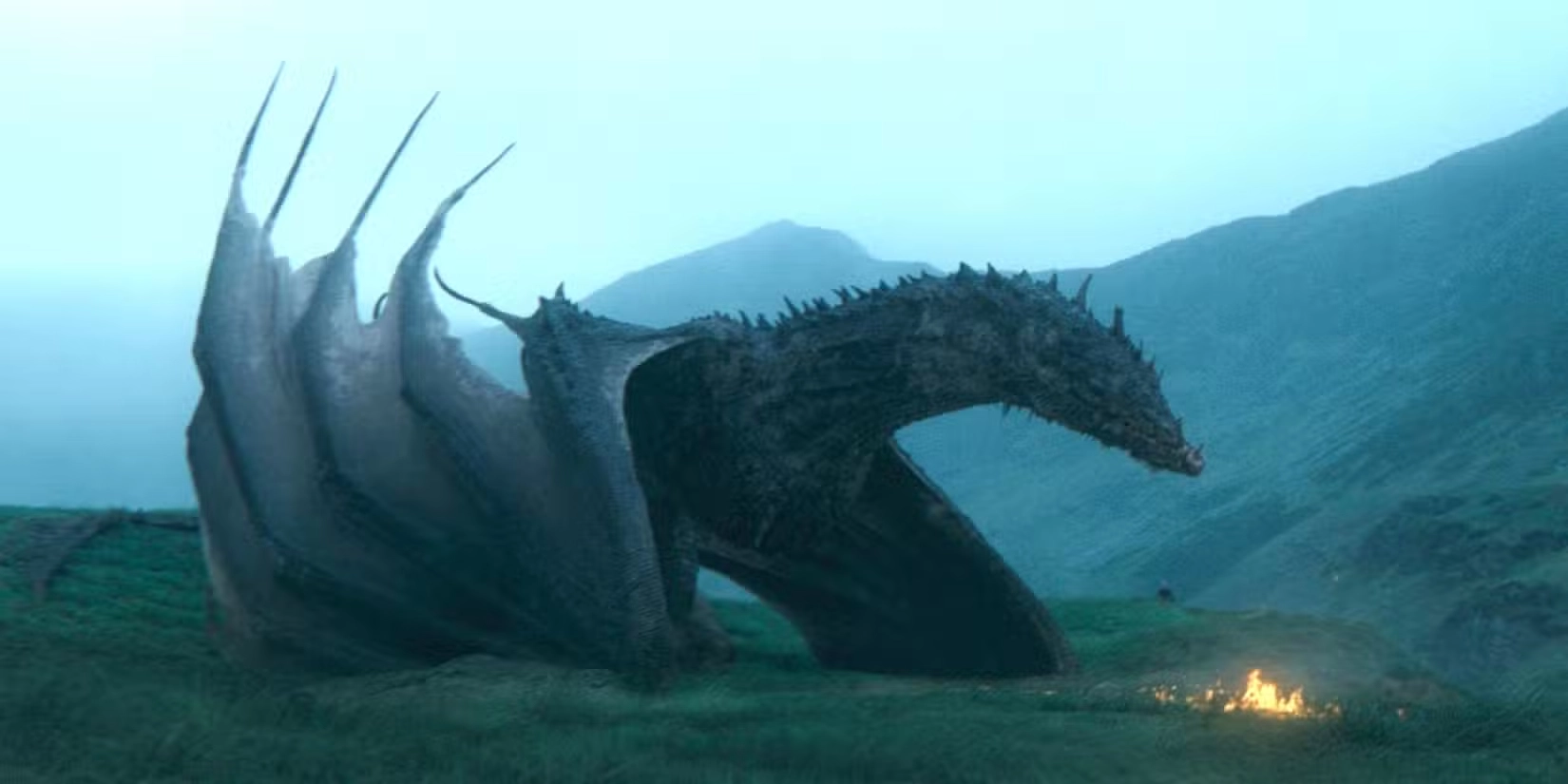 House of the Dragon evreninden bir ejderha olan Sheepstealer, sisli dağların önündeki yeşil bir yamaca tünemiş, karanlık pullu vücudu, keskin sırt dikenleri ve belirgin kanatlarıyla dikkat çekerken, uzakta küçük bir ateş parlamaktadır.
