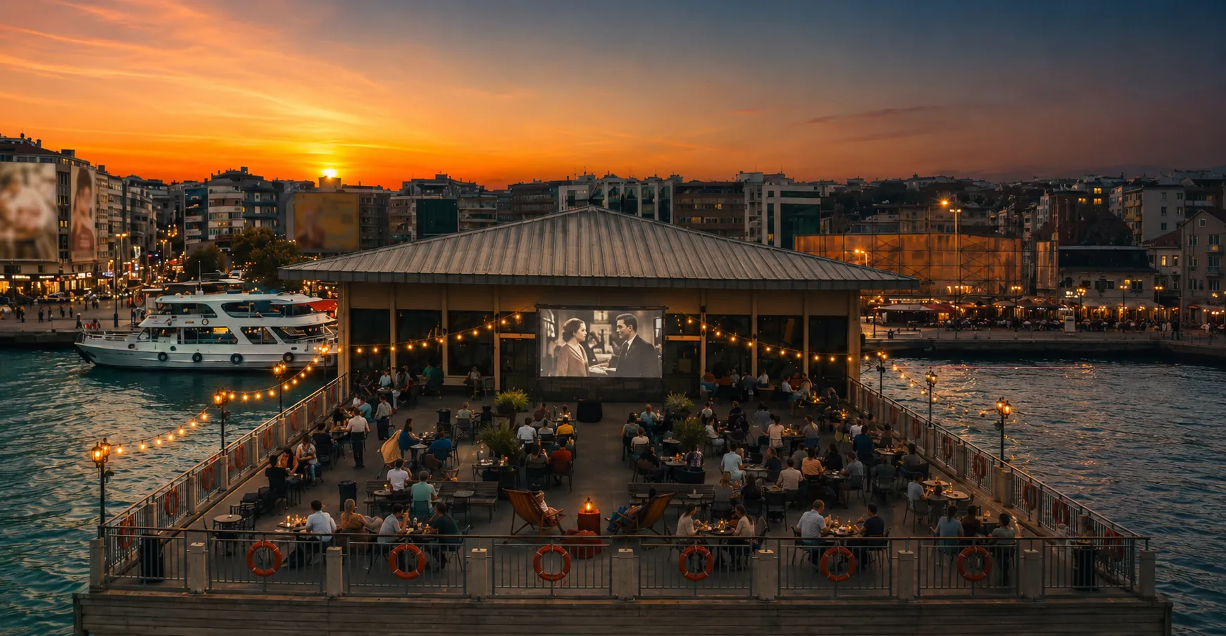 İstanbul Kitapçısı Kadıköy terasında, gün batımının turuncu tonları altında, deniz manzarası eşliğinde ışıklarla süslenmiş bir açık hava sinema gösteriminde, çok sayıda kişi rahat koltuk ve masalarda oturmuş büyük bir ekranda siyah beyaz bir filmi keyifle izliyor.