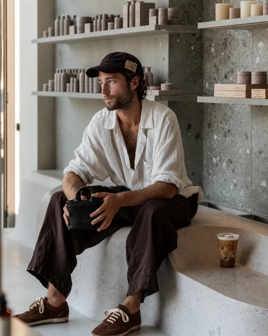 Bir butik veya kafede beton bir bankta oturan, koyu renk şapka, açık renk keten gömlek ve kahverengi pantolon giymiş, spor tarzını kahverengi süet sneaker modelleriyle tamamlayan bir adam, elinde küçük bir çanta tutarak dalgınca etrafa bakıyor.
