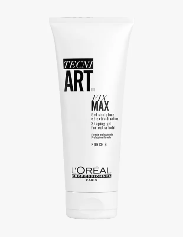 Beyaz bir arka planda, L'Oréal Professionnel Paris markasının Tecni.Art serisine ait, ekstra tutuş ve şekillendirme için özel olarak formüle edilmiş Force 6 güçlü Fix Max saç jölesinin ön yüzünü gösteren dikey bir ürün fotoğrafı.