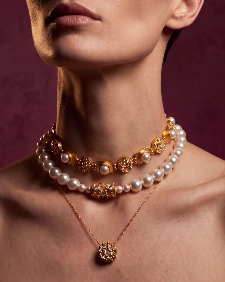 Bir modelin boynunda, Mea Culpa'nın Opulence Now koleksiyonundan, mimari formları ve zanaatkârlığı bir araya getiren üç farklı mücevher öne çıkıyor: üstte, altın detaylarla çevrili zarif incilerin yer aldığı heykelsi bir gerdanlık; ortada, inci dizisini bölen Bizans estetiğinden ilham alan işlemeli altın bir parça ile klasik inci kolye; en altta ise parlak taşlarla bezeli, narin zincirli yuvarlak bir kolye ucu.