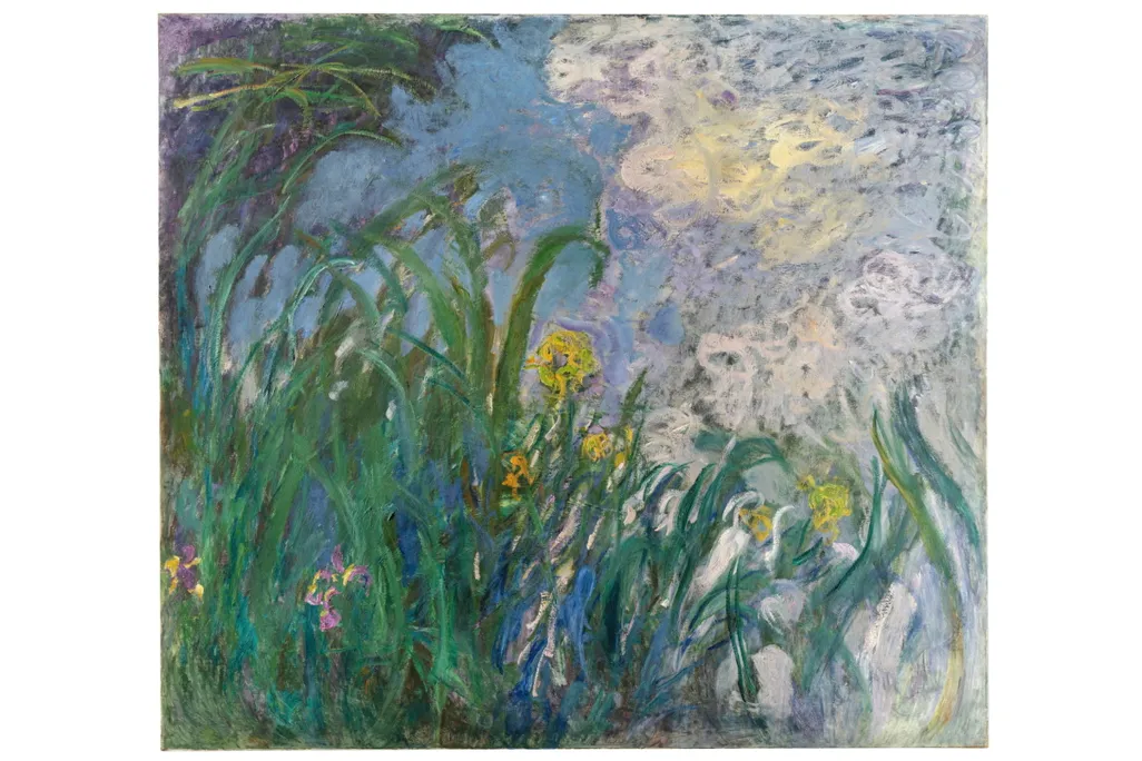 Claude Monet'nin Empresyonist tarzıyla, mor ve mavi tonlardaki süsen çiçeklerinin bahçede ışık oyunlarıyla dans ettiği, canlı renklerin ve belirgin fırça darbelerinin bir araya geldiği bu sanatsal tablo, doğanın eşsiz güzelliğini yansıtmaktadır.