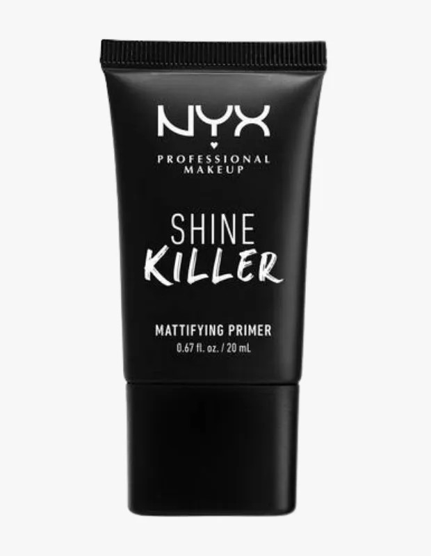 NYX Professional Makeup'ın matlaştırıcı etkiye sahip, beyaz yazılı siyah tüp ambalajında görünen Shine Killer makyaj bazı, 20 ml / 0.67 fl. oz. ürün miktarıyla parlak cilt görünümünü azaltmaya yardımcı olan bir üründür.