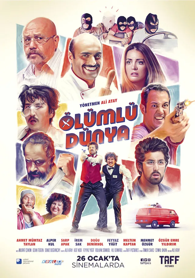 OGGUSTO'nun Haftanın Önerileri ve Kültür & Sanat seçkisi kapsamında yer alan Ölümlü Dünya film afişi, ortada silahlı iki takım elbiseli garson, çevresinde çeşitli meslek ve ifadelerdeki karakter portreleri ile maskeli figürler ve bir kaçış minibüsü gibi mizahi ve aksiyon dolu detayları dinamik bir kompozisyonla gösteriyor.