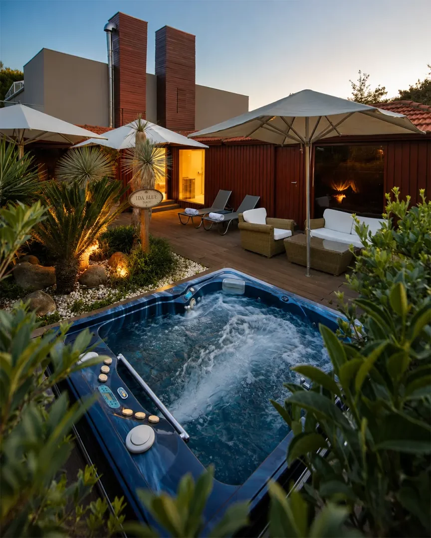 Ortunç Cunda Adası Otel'in yemyeşil bitkilerle çevrili, ahşap zeminli dış mekanında, sıcak suyun buharı yükselen modern bir jakuzi, rahat şezlonglar ve şık oturma grupları akşamüstü huzur dolu anlar sunuyor.