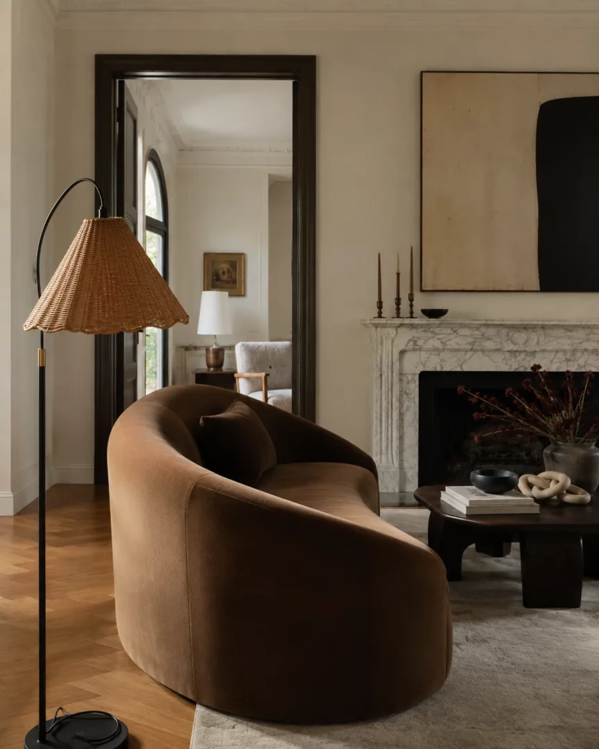 Çağdaş bir oturma odası dekorasyonunda, lüks kadife kumaştan yapılmış kavisli kahverengi bir koltuk, örgü abajurlu modern bir lambaderin yanında dururken, arkada mermer şömine üzerinde minimalist bir tablo ve şık aksesuarlar yer alıyor.