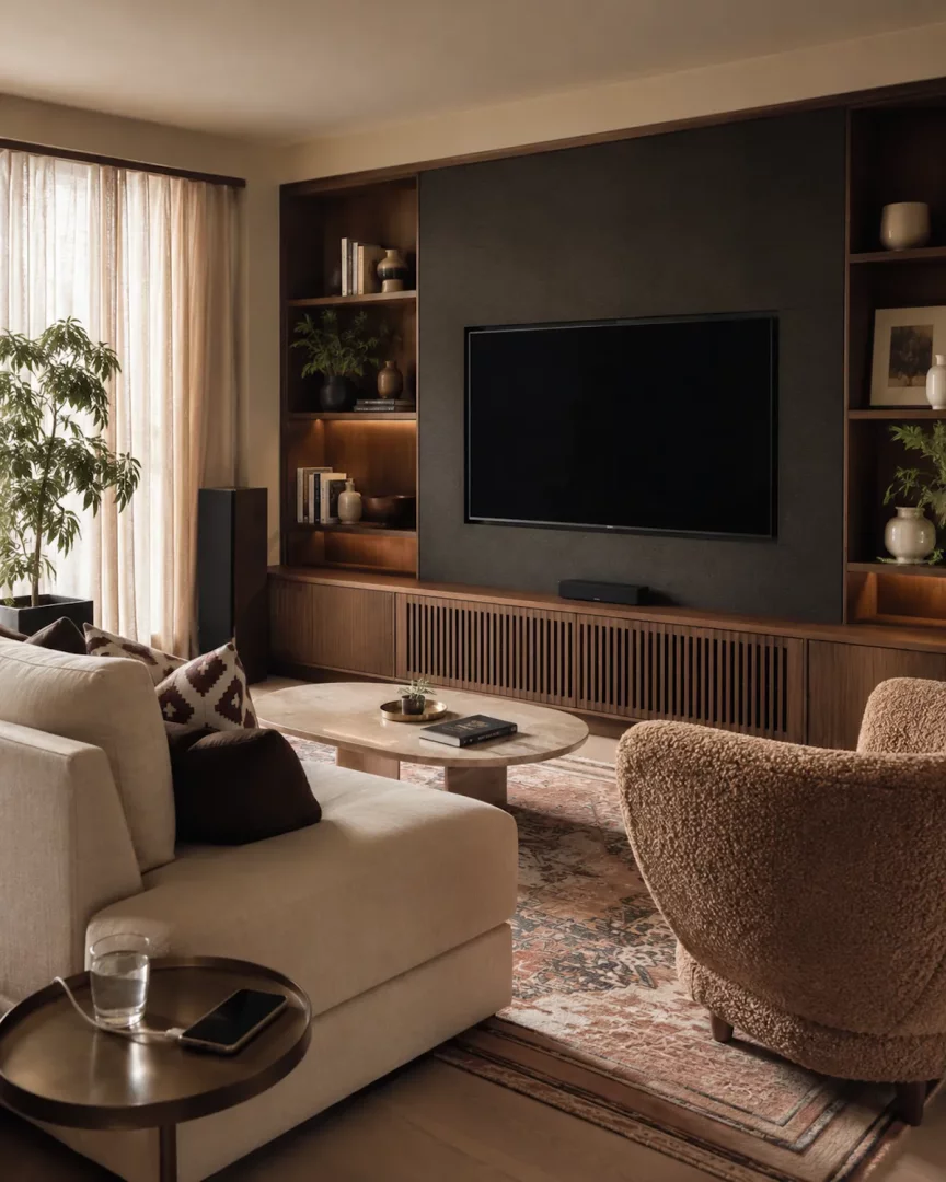 Modern ve şık bir salon dekorasyonu örneği sunan bu görselde, koyu renk duvara monte edilmiş büyük bir televizyon, yanlarında ışıklı ahşap raflar, önünde krem rengi köşe koltuk ve kahverengi dokulu tekli koltukla tamamlanan sıcak bir yaşam alanı sergileniyor.