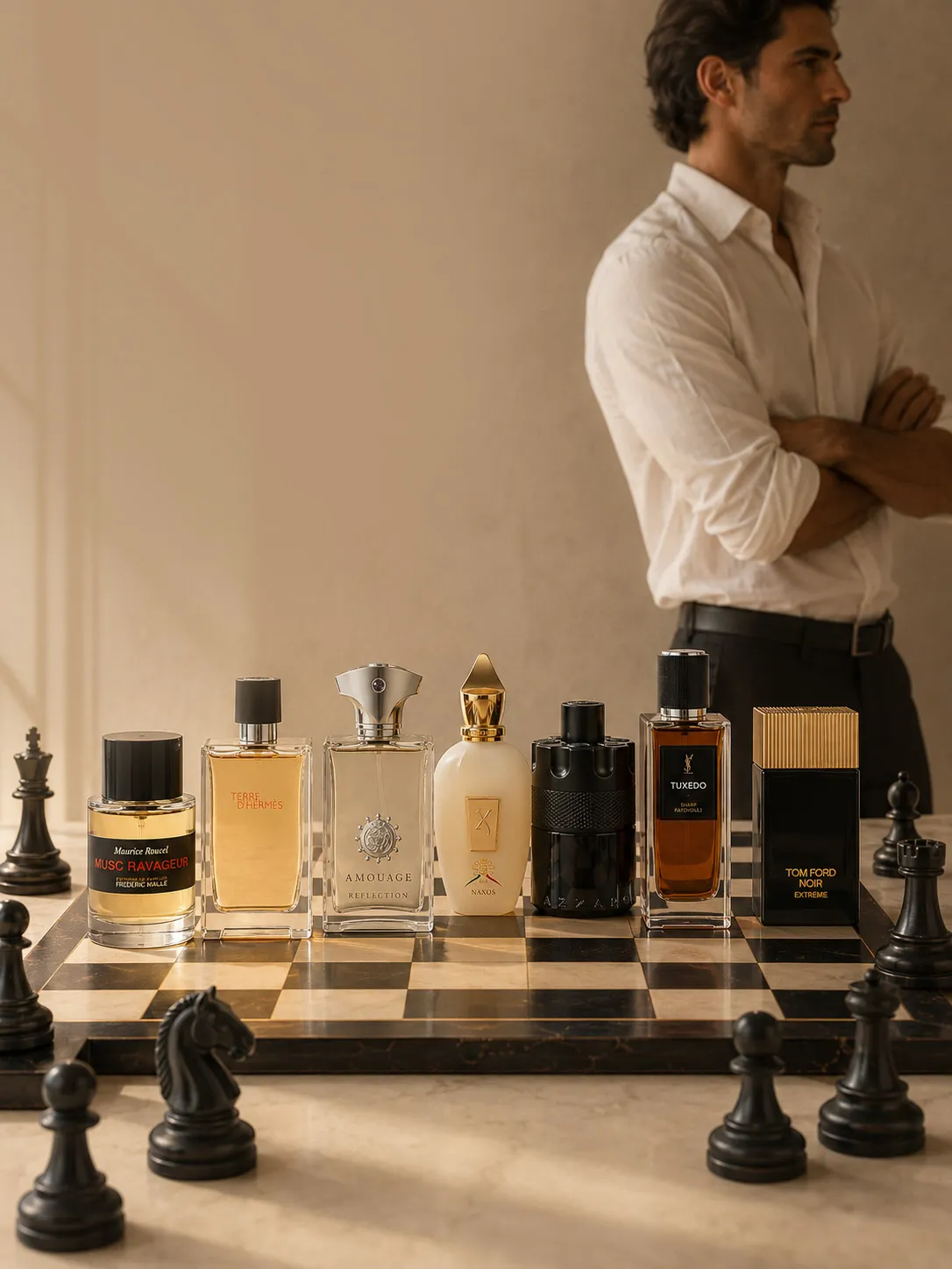 Satranç tahtası üzerinde Frederic Malle, Hermes, Amouage, Xerjoff, Azzaro, YSL ve Tom Ford gibi lüks markalara ait parfüm şişeleri ile siyah taşlar stratejik bir düzenlemeyle sergilenirken, arka planda beyaz gömlekli bir adam, parfümün kalıcılığını artırma yollarını düşünerek kararsız bir şekilde duruyor.